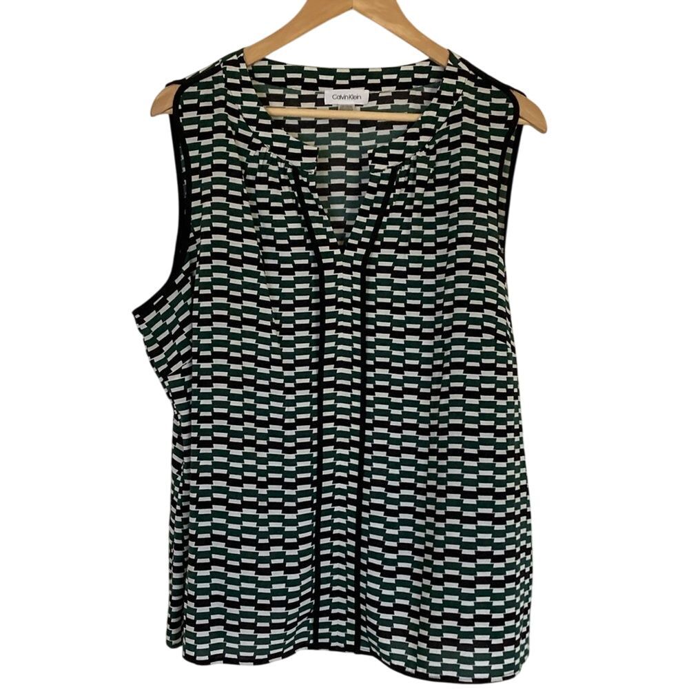 Calvin Klein Womens Sleeveless Blouse 1X Green Black Office Dressy Workwear